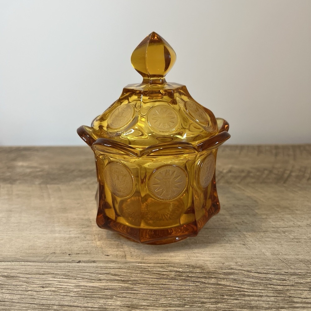 Vintage Fostoria‎ Amber Coin Glass Pattern Candy Dish and Lid